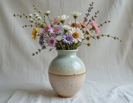 Delicate bouquet of pastel wildflowers in a handcrafted ceramic vase on a textured fabric background.