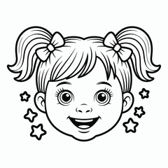 Black and white line art illustration of a happy girl with pigtails and stars vector silhouette vector illustration white background