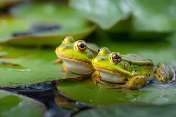 Obraz premium Two vibrant green frogs sit side by side on lush lily pads in a tranquil pond. Sunlight highlights their smooth skin as they enjoy the warmth in a peaceful natural setting