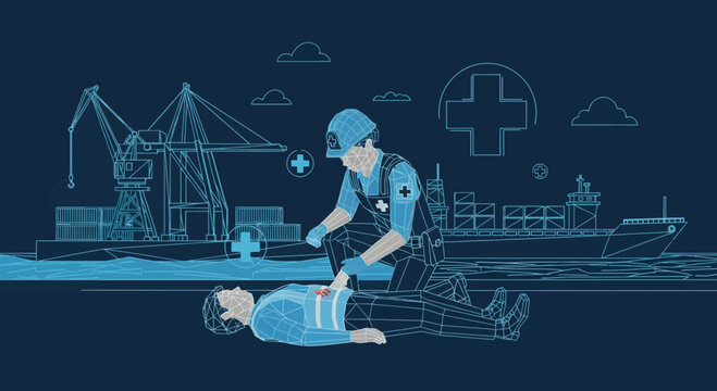 Abstract conceptual illustration depicting workplace accident and emergency first aid response