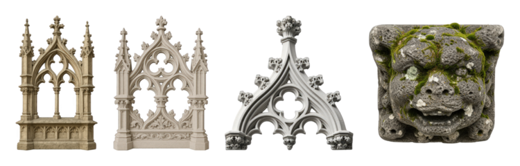 Gothic architecture elements set including tracery, arches, and a gargoyle isolated. Medieval and historical design collection.