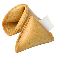 3D Render of Classic Golden-Brown Fortune Cookie with Paper Slip on White Background