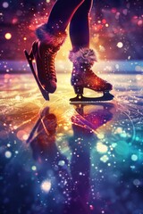 Ice skater performs vibrant figure skating show under neon lights, with energetic and dynamic performances at night