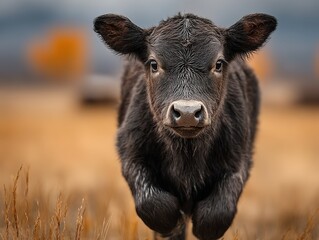 Fototapeta premium Baby Black Angus calf running across grassland, dynamic motion capture, wildlife style
