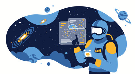 Fototapeta premium Astronaut analyzing galaxy data in virtual interface for space exploration concept