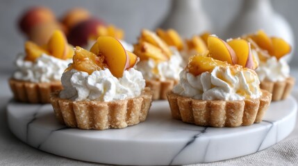 Delicious peach tarts with whipped cream on marble plate