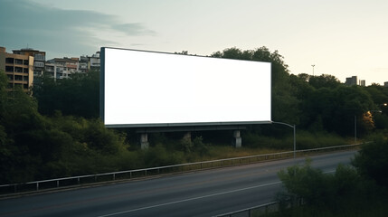 Fototapeta premium Drone perspective of blank billboard in city edge zone, road curve and surrounding trees