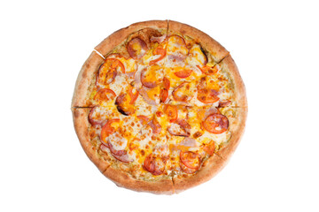 A delicious pepperoni pizza with bacon and tomatoes, isolated on a white background.