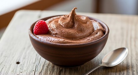 Close-up of a rich chocolate mousse dessert with a raspberry