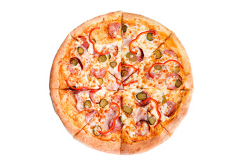 A delicious pizza isolated on a white background, topped with fresh peppers, sausages, pickles, and crispy bacon.