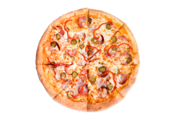A delicious pizza isolated on a white background, topped with fresh peppers, sausages, pickles, and crispy bacon.