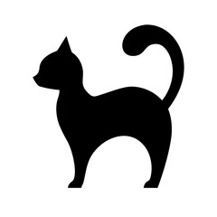 A silhouette of a running black cat with a long tail against a white background