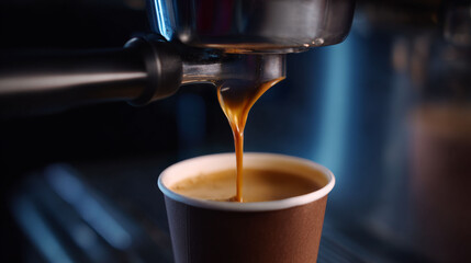 Espresso coffee pouring into brown paper cup, warm beverage with rich crema and smooth texture in cozy setting