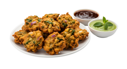 Delicious pakoras served with refreshing mint and tamarind chutneys, a perfect snack.
