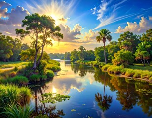 Idyllic tropical river landscape with clear water and lush vegetation