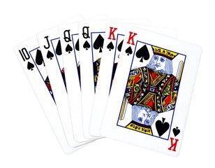 A fan of playing cards, featuring a sequence of black spades, including the king, displayed against a plain white background.