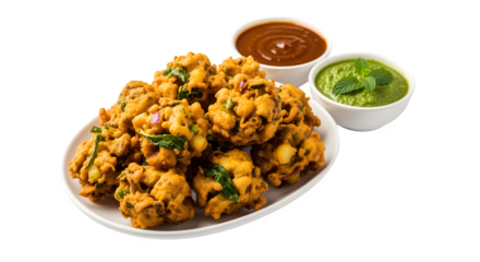 Crispy golden fritters served with vibrant dipping sauces, a delightful snack.