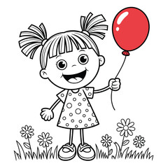 Charming line art vector illustration of a happy girl holding a red balloon silhouette vector illustration white background