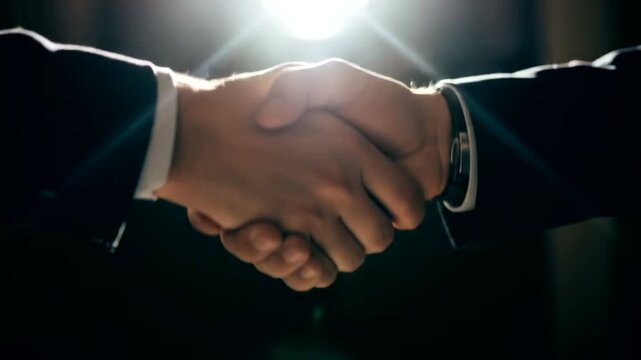 Two business professionals engaging in a firm handshake under dramatic lighting, symbolizing agreement