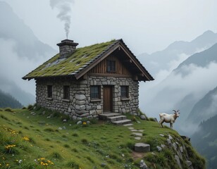 Cozy stone cabin nestled on a misty mountain peak with a lone goat grazing nearby.