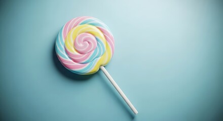 Colorful Swirl Lollipop on Blue Background, Overhead View, Isolated Candy