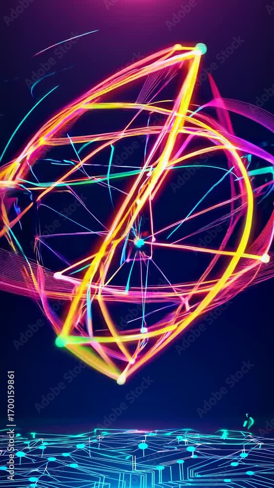 Poster dynamic neon lights form abstract patterns in a digital space. aerial angle captures vibrant, swirli