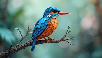 Obraz premium A vibrant kingfisher, crafted with intricate paper-like details, perches gracefully on a branch against a soft teal backdrop.