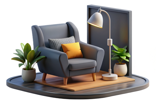 A stylish and minimalist living room with a rich dark blue wall, a comfortable tan leather armchair, and ample copy space- 3D rendering