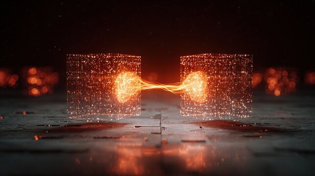 Two abstract quantum computers connected by glowing energy beam with blurred futuristic laboratory background, symbolizing groundbreaking science, advanced technology, innovation, data processing