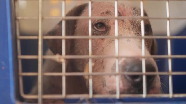 A street dog afflicted with mange, in a travel crate to be transported for veterinary care and rehoming