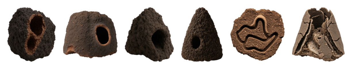 Termite mound set including cone, tunnel, cross-section, and broken structures isolated. Biology and insect habitat collection.
