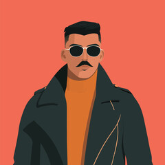 Fototapeta premium A man stands confidently wearing trendy sunglasses and a stylish coat. The vibrant orange background enhances his modern look, highlighting the fashion statement.