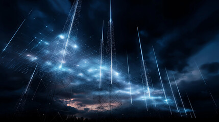6G. Data Speed. Quantum Communication. 3D antenna array design showcasing ultra-speed beaming technology in a conceptual visualization.