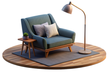 A stylish and minimalist living room with a rich dark blue wall, a comfortable tan leather armchair, and ample copy space- 3D rendering