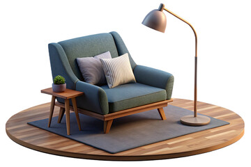 A stylish and minimalist living room with a rich dark blue wall, a comfortable tan leather armchair, and ample copy space- 3D rendering