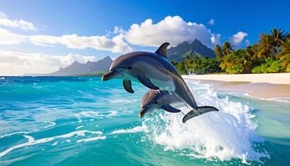 Obraz premium Dolphins leaping in Tropical Paradise