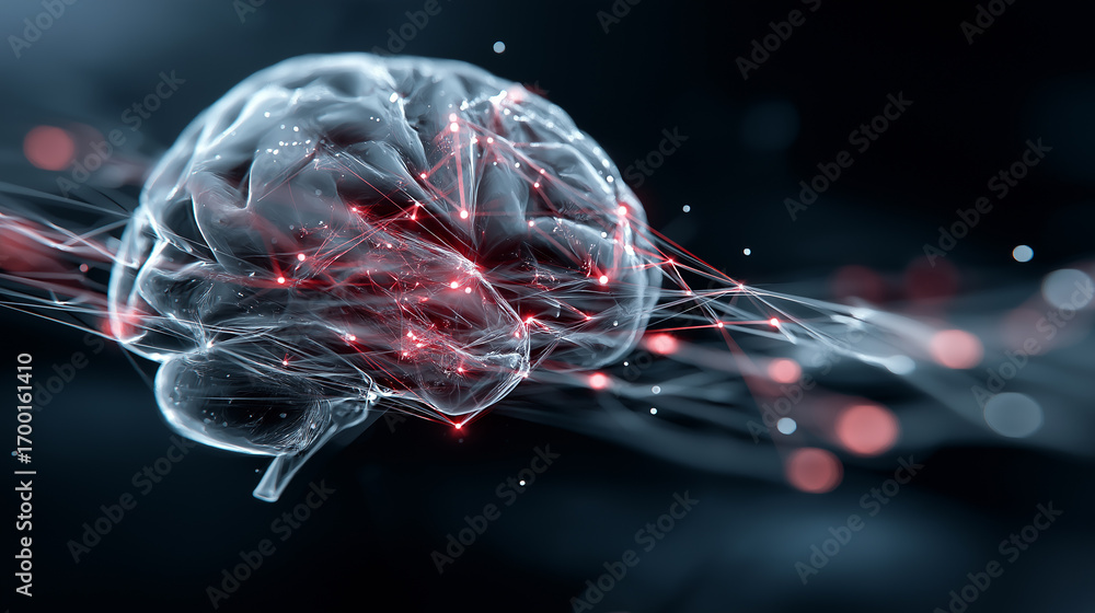 Aufkleber 6g. data speed. quantum communication. a holographic 3d brain visualizing neural signals in a digita