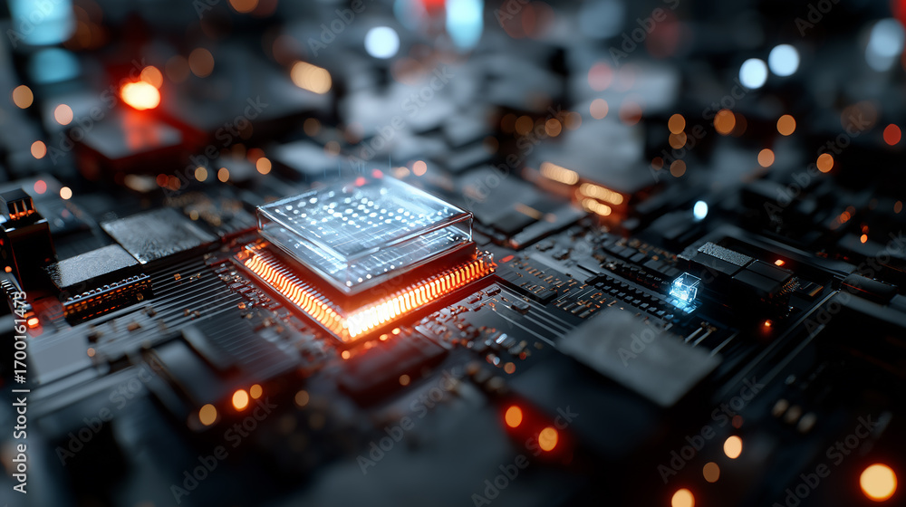 Aufkleber 6g. data speed. quantum communication. a glowing 3d quantum computer chip processing data in a futur