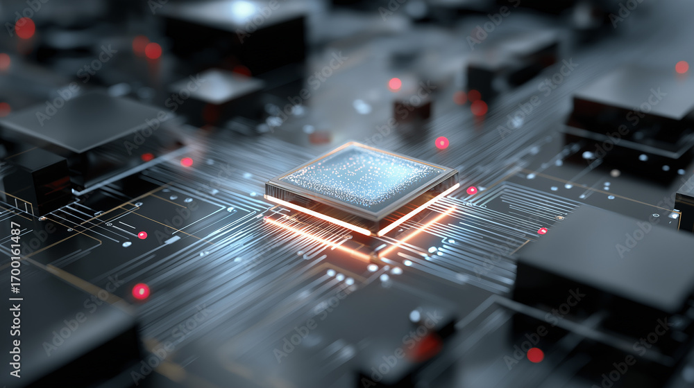 Aufkleber 6g. data speed. quantum communication. a glowing 3d quantum computer chip processing data in a futur