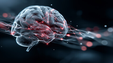 6G. Data Speed. Quantum Communication. A holographic 3D brain visualizing neural signals in a digital format.
