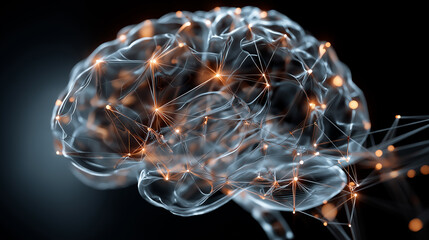 6G. Data Speed. Quantum Communication. A futuristic 3D brain visualizing neural signals in a holographic style.