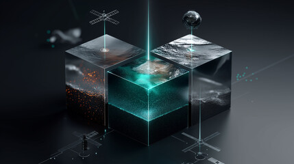 6G. Data Speed. Quantum Communication. Isometric 3D visualization of a quantum 6G communication node concept.