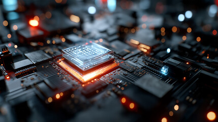 6G. Data Speed. Quantum Communication. A glowing 3D quantum computer chip processing data in a futuristic setting.