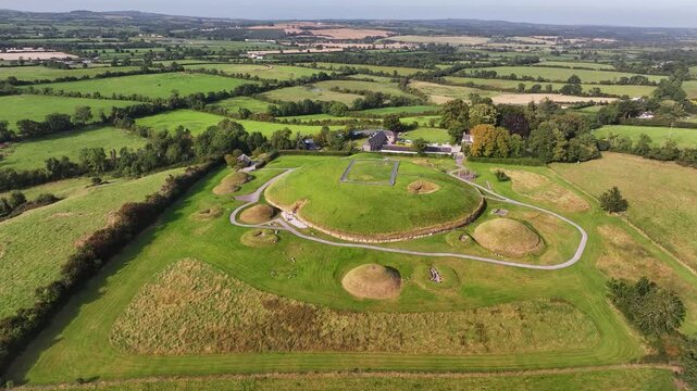 Knowth, The megalithic passage tomb, Boyne Valley, Ireland.Aerial panoramic, historical landmark