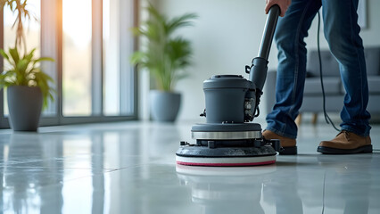 Fototapeta premium Cleaning service worker hands guiding floor polisher across shiny floor, floor polishing