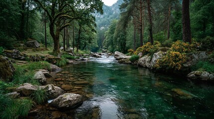 Fototapeta premium Crystal clear mountain stream flowing through lush green forest with rocks and nature.