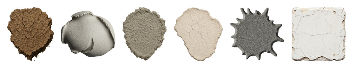 Abstract textured elements set including cracked earth, rough plaster, granular material, weathered stone, and peeling paint isolated. Graphic design and overlay collection.