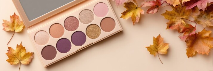 Eyeshadow palette with warm tones and autumn leaves