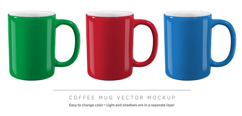 Ceramic mugs vector mockup on a white background for advertising, branding, corporate identity. All elements in the groups are in separate layers for easy editing and recolor.