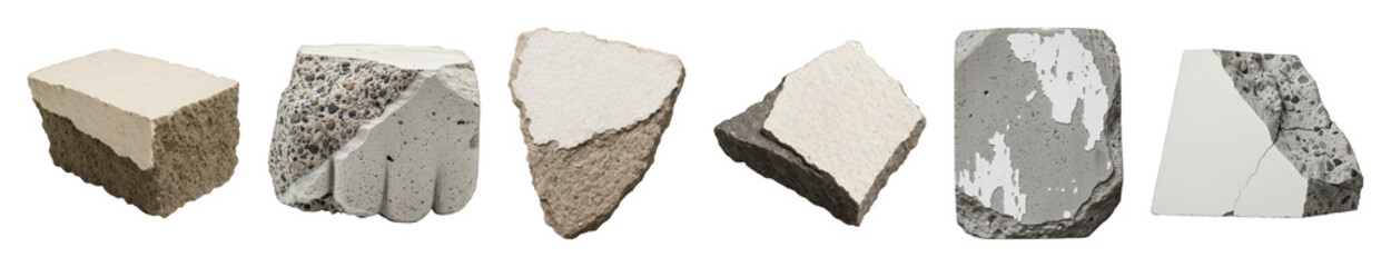 Obraz premium Broken concrete and plaster pieces set including rough, textured, and cracked variants isolated. Construction and industrial elements.